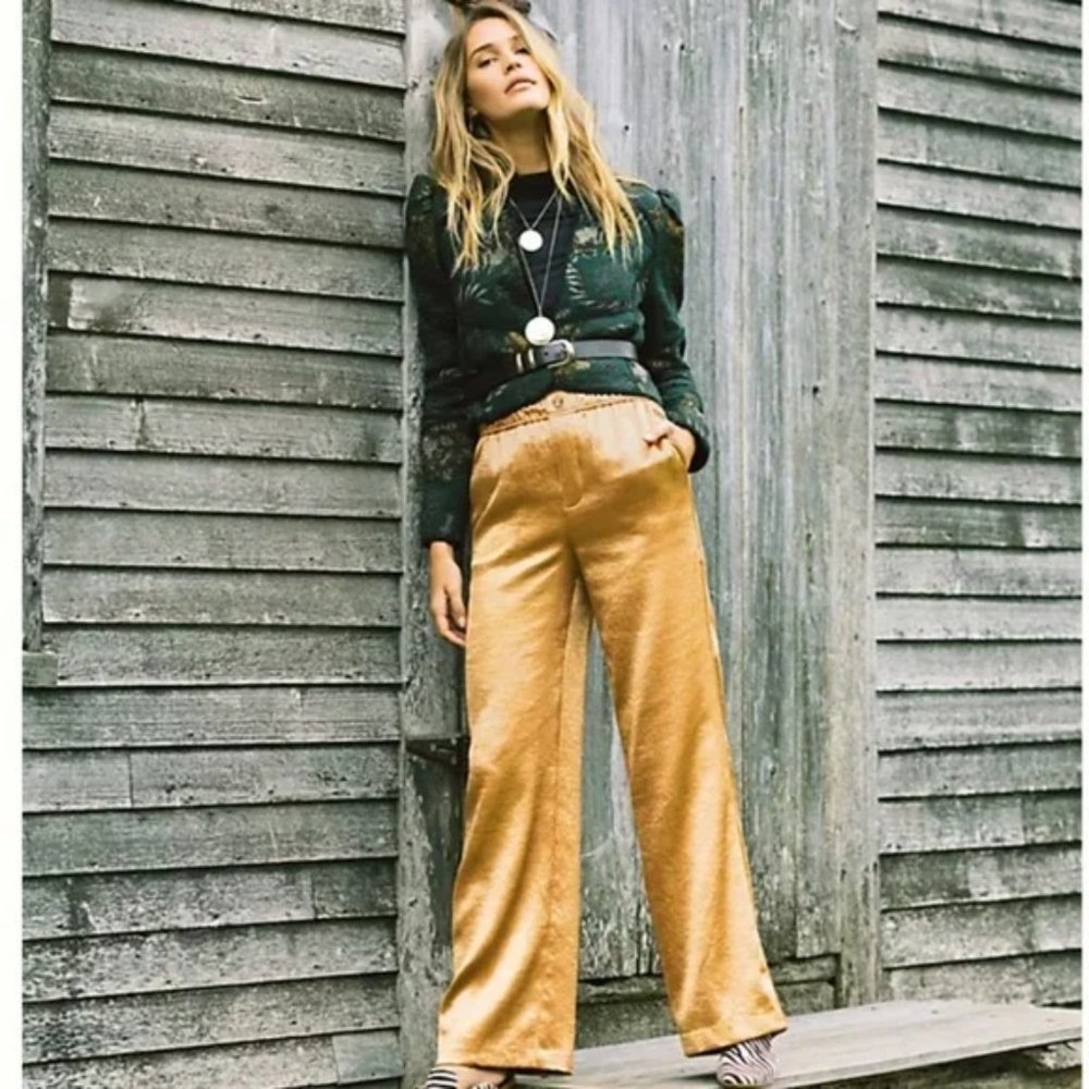 NWT Anthropologie Current Air Twyla Wide Leg Gold Pants Sz M $120